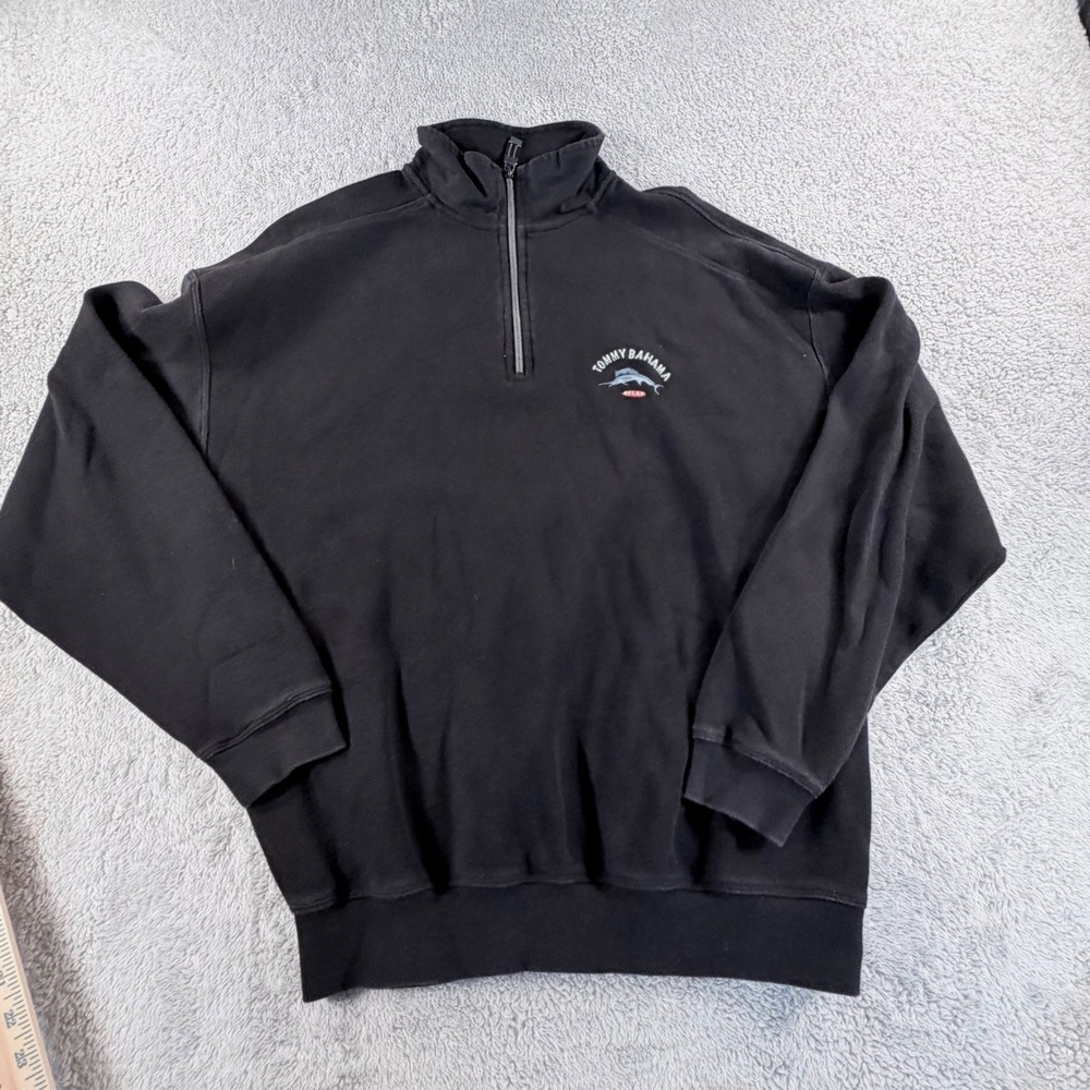 Tommy Bahama Relax Quarter Zip Pullover Mens Medium Black Marlin Logo Ribbed